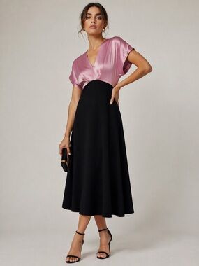 🩷Grace Karin Pink and Black Midi Two-Tone V-Neck Dress